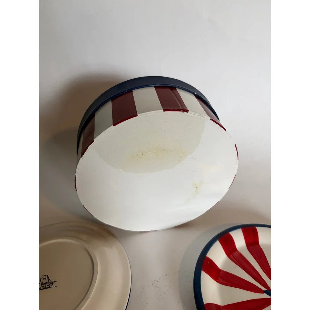 Set of 4 Patriotic Painted Dessert Plates Stars Stripes Nantucket Ceramic Rustic